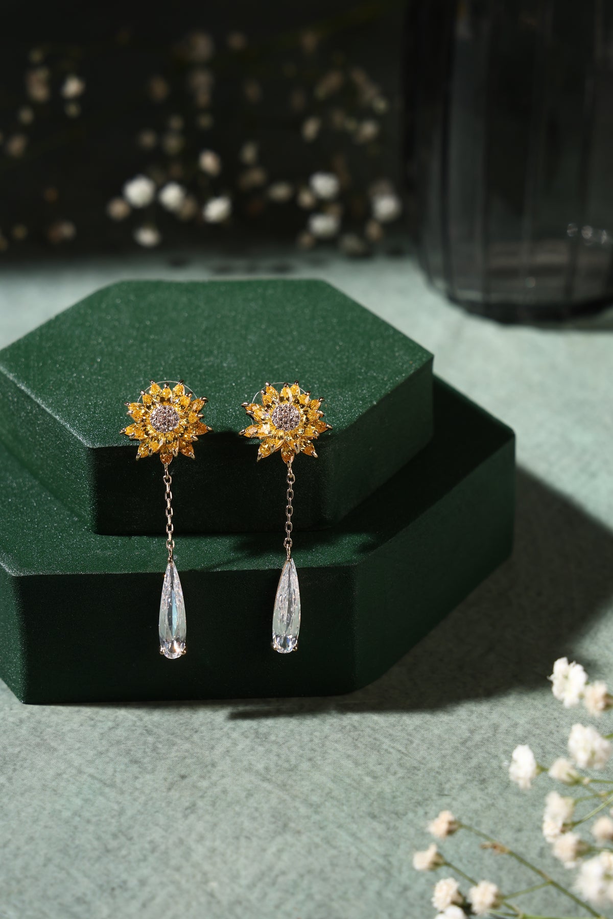 Soleil Sunflower Crystal Drop Earrings